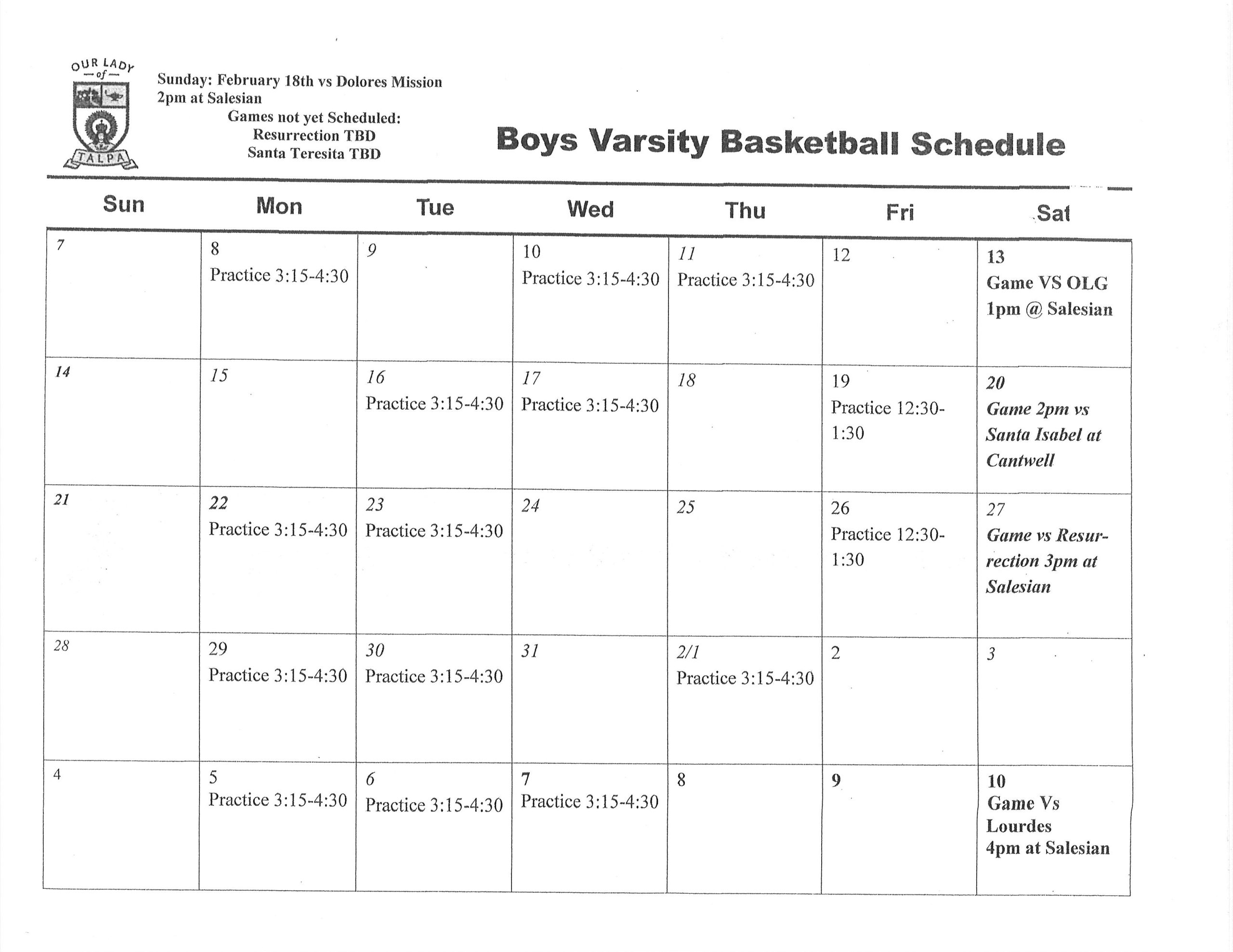 Sports Calendars | Our Lady of Talpa School